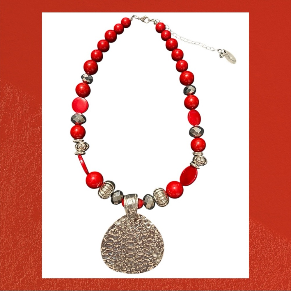 Hammered Metal Pendant. Red and Silver Beaded Necklace